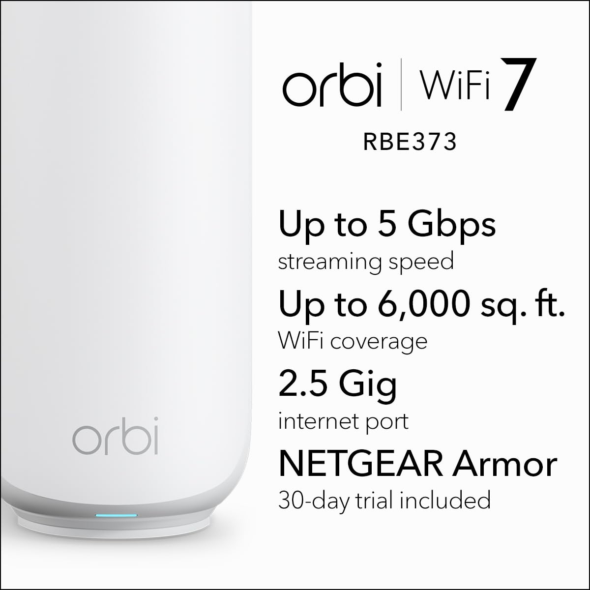 NETGEAR Orbi RBE373 Dual-Band WiFi 7 Mesh System – Router + 2 Extenders, BE5000, Up to 5Gbps, 2.5Gbps Port