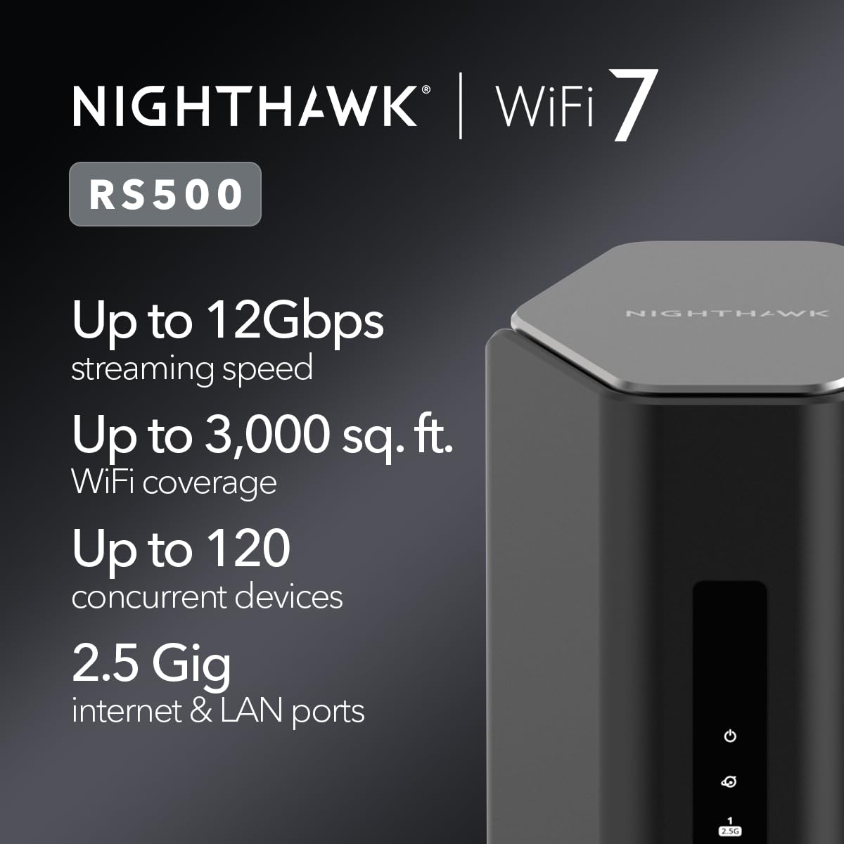 NETGEAR Nighthawk RS500 Tri-Band WiFi 7 Router – BE12000, Up to 12Gbps, 2.5Gbps Port, 3,000 Sq Ft Coverage