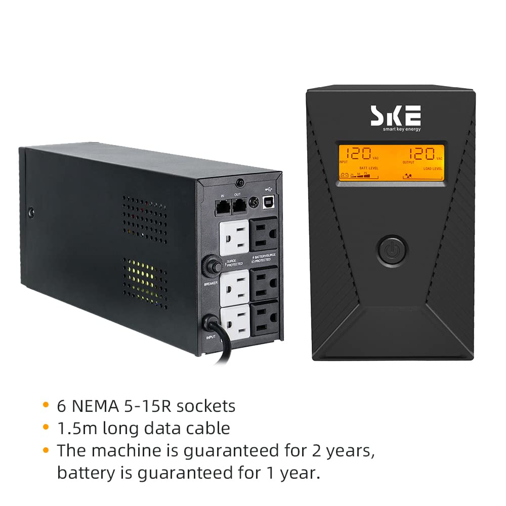 SKE 600VA/360W UPS Battery Backup & Surge Protector – Uninterruptible Power Supply