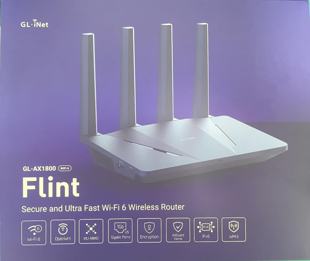 GL.iNet GL-AX1800 Flint WiFi 6 Router – Dual-Band, Gigabit, 5×1G Ports, Supports OpenVPN & WireGuard