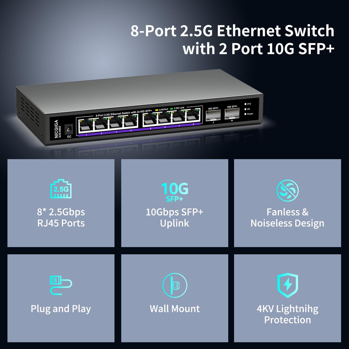 NICGIGA 10-Port 2.5Gb Ethernet Switch – 8×2.5G Base-T, 2×10G SFP+, Unmanaged, Fanless