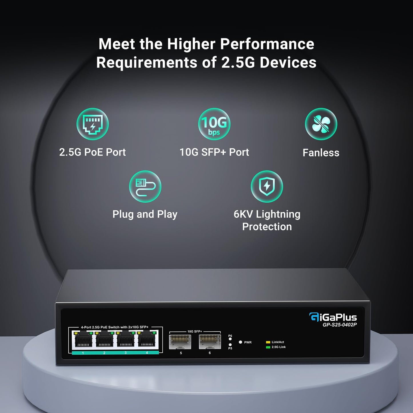 GigaPlus 6-Port 2.5Gb PoE Switch โ 4ร2.5G PoE+, 2ร10G SFP+ Uplink, Unmanaged