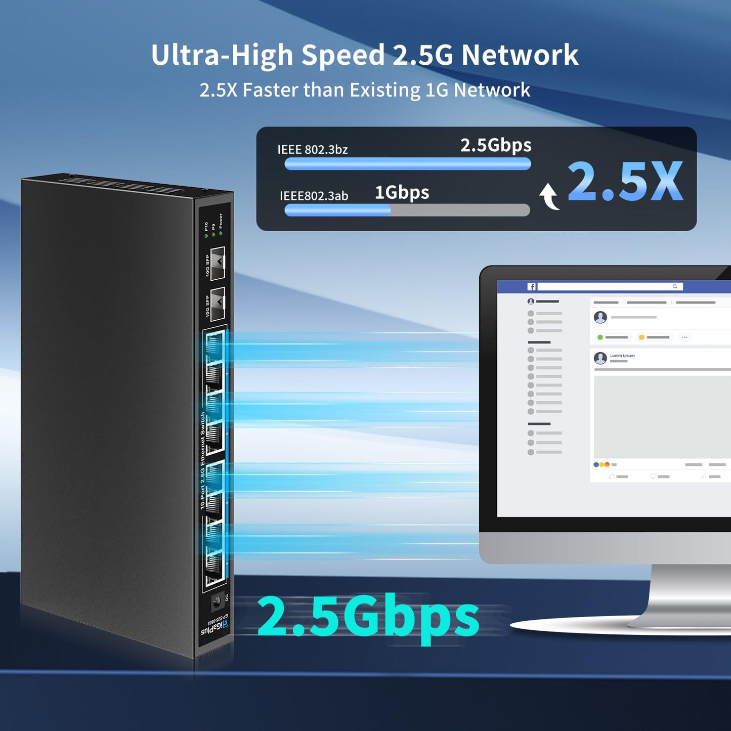 GiGaPlus 10-Port 2.5Gb Ethernet Switch β 8Γ2.5G Base-T, 2Γ10G SFP+, Unmanaged, Fanless, Plug-and-Play