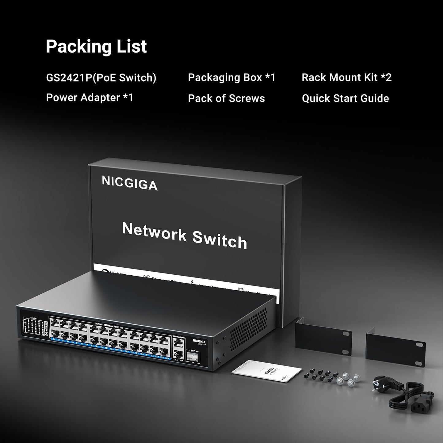 NICGIGA 24-Port Gigabit PoE+ Switch – 24×PoE+@300W, 2×Gigabit Uplink, 1×SFP, Unmanaged, Metal Case