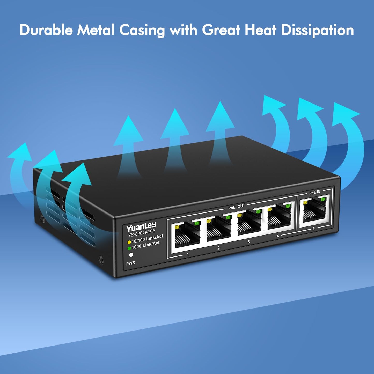 YuanLey 5-Port Gigabit PoE Extender – 4 PoE Out, 90W Input, IEEE 802.3af/at/bt, Metal Case, 6KV Lightning Protection
