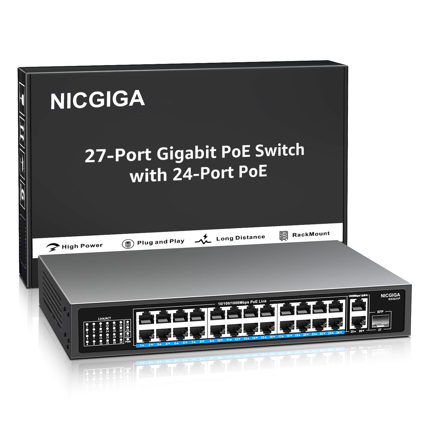 NICGIGA 24-Port Gigabit PoE+ Switch – 24×PoE+@300W, 2×Gigabit Uplink, 1×SFP, Unmanaged, Metal Case