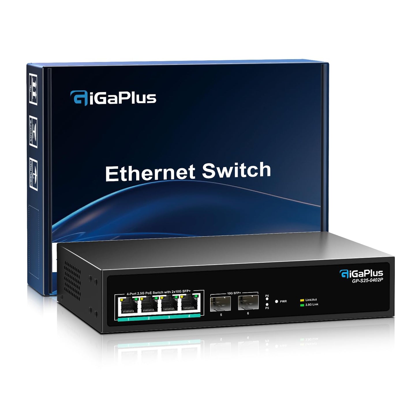 GigaPlus 6-Port 2.5Gb PoE Switch โ 4ร2.5G PoE+, 2ร10G SFP+ Uplink, Unmanaged