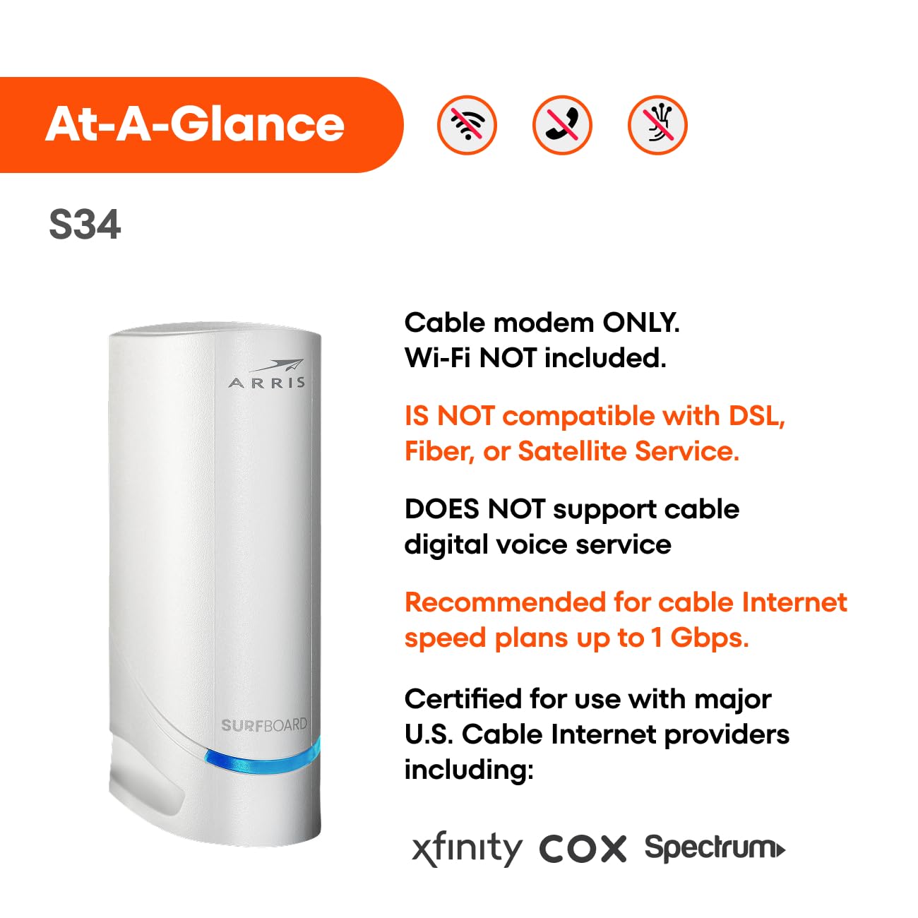 ARRIS S34 DOCSIS 3.1 Cable Modem – Multi-Gigabit, 2.5Gbps, No WiFi