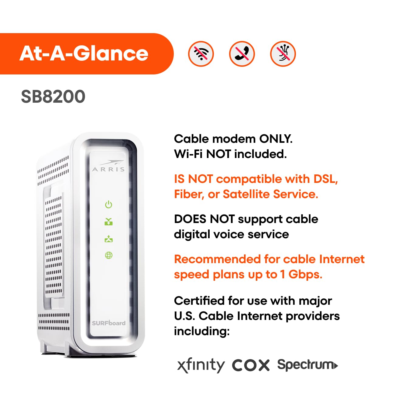 ARRIS SB8200 DOCSIS 3.1 Cable Modem – 32x8, 1 Gbps, No WiFi