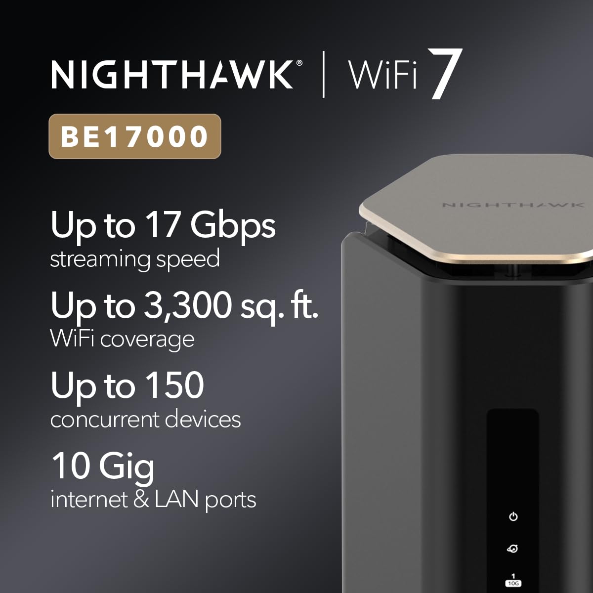 NETGEAR Nighthawk BE17000 WiFi 7 Tri-Band Router – 17Gbps, 10Gbps Port, USB 3.0