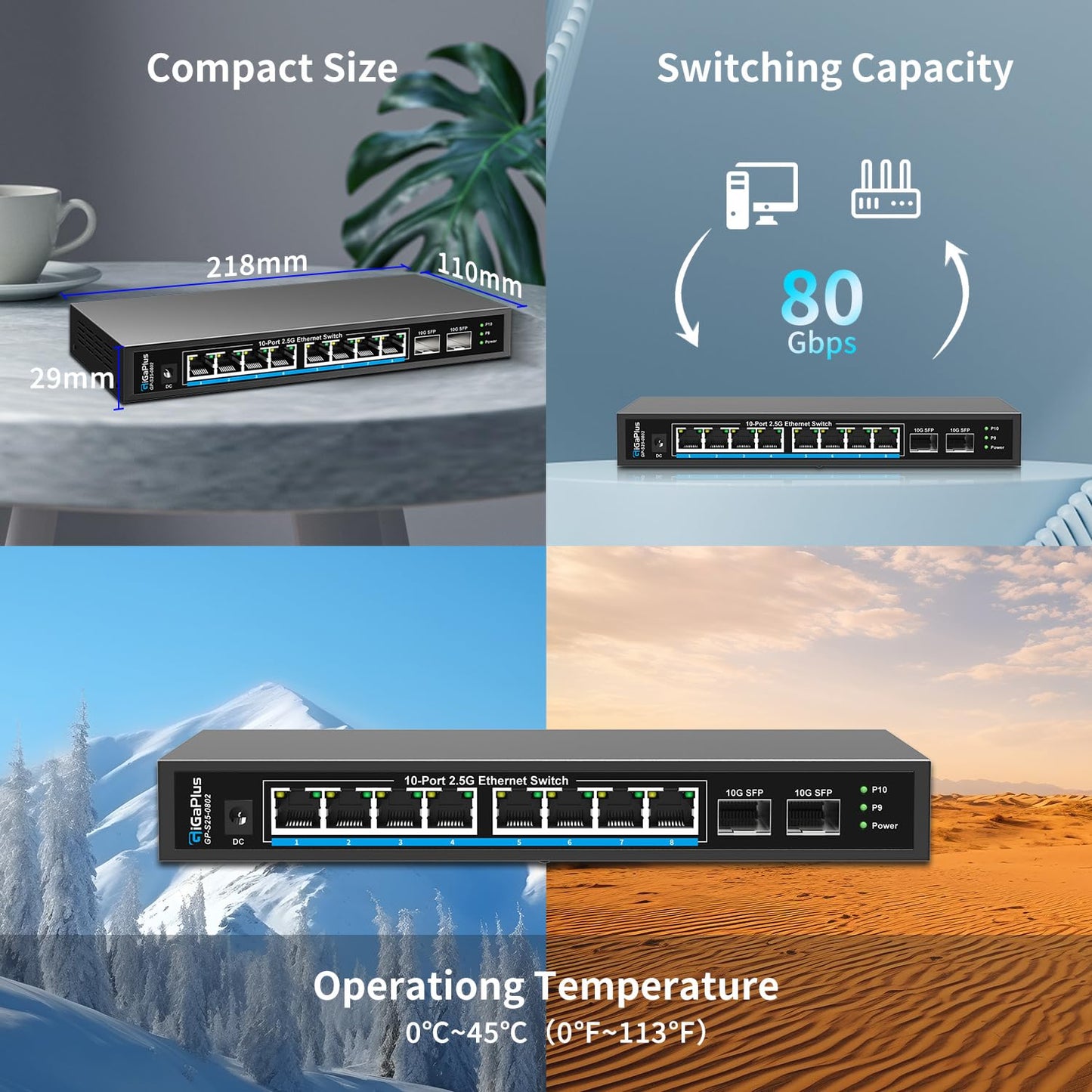 GiGaPlus 10-Port 2.5Gb Ethernet Switch β 8Γ2.5G Base-T, 2Γ10G SFP+, Unmanaged, Fanless, Plug-and-Play