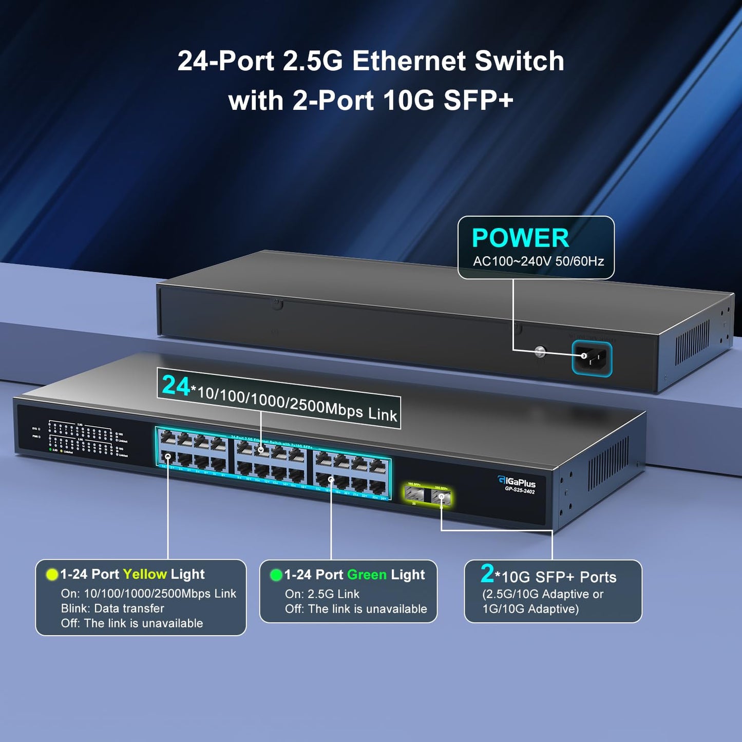 GiGaPlus 26-Port 2.5Gb Ethernet Switch β 24Γ2.5G Base-T, 2Γ10G SFP+, Unmanaged, Fanless, Plug-and-Play