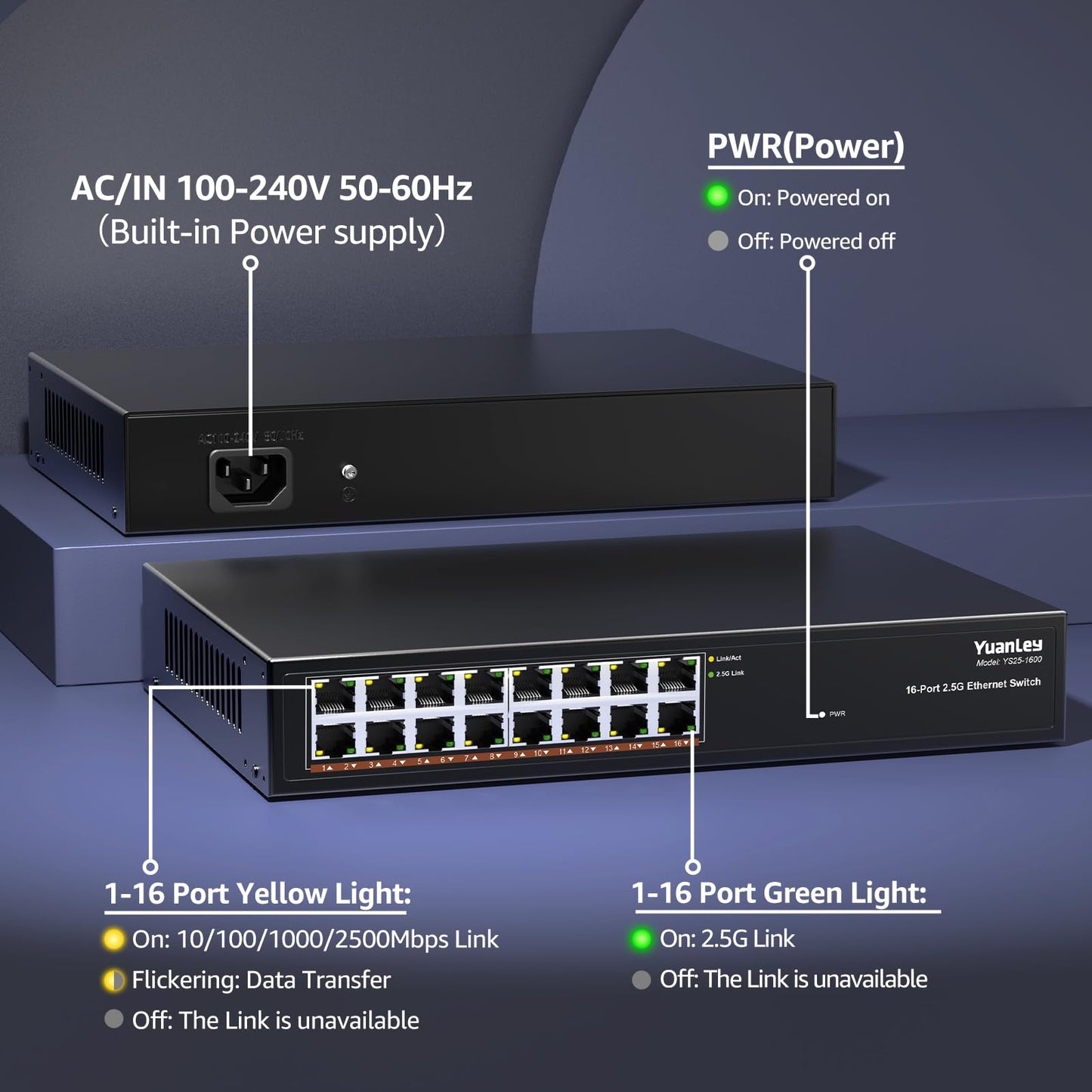 YuanLey 16-Port 2.5Gb Unmanaged Ethernet Switch – 16×2.5G Base-T, Fanless Metal Case, Desktop/Rack Mount