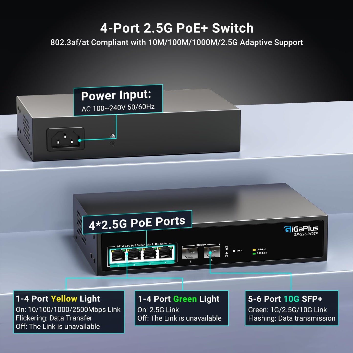 GigaPlus 6-Port 2.5Gb PoE Switch โ 4ร2.5G PoE+, 2ร10G SFP+ Uplink, Unmanaged