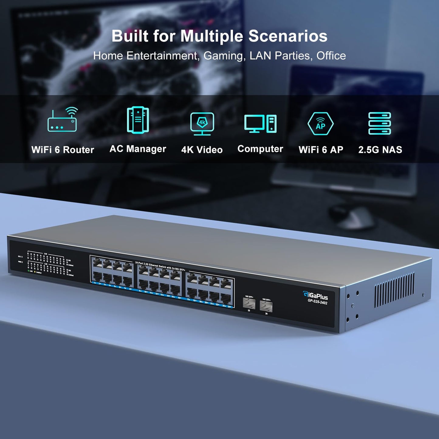 GiGaPlus 26-Port 2.5Gb Ethernet Switch β 24Γ2.5G Base-T, 2Γ10G SFP+, Unmanaged, Fanless, Plug-and-Play