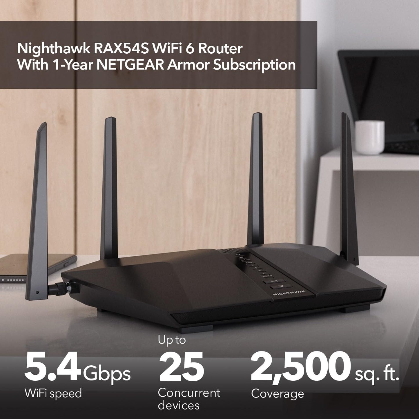 NETGEAR Nighthawk RAX54S Dual-Band WiFi 6 Router – AX5400, 5.4 Gbps, Covers 2,500 sq.ft.