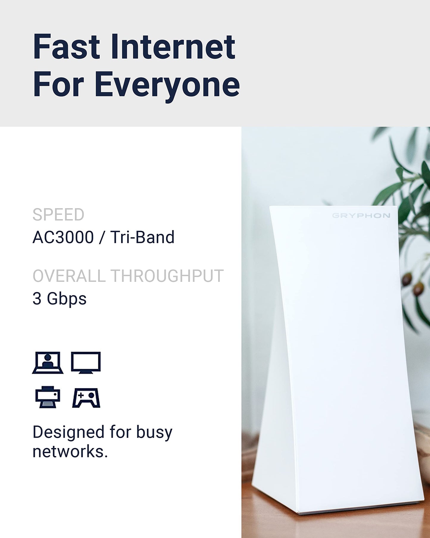 Gryphon Tower Mesh WiFi Router 2-Pack – Tri-Band, 3Gbps, 6000 Sq Ft Coverage, Parental Controls, Firewall