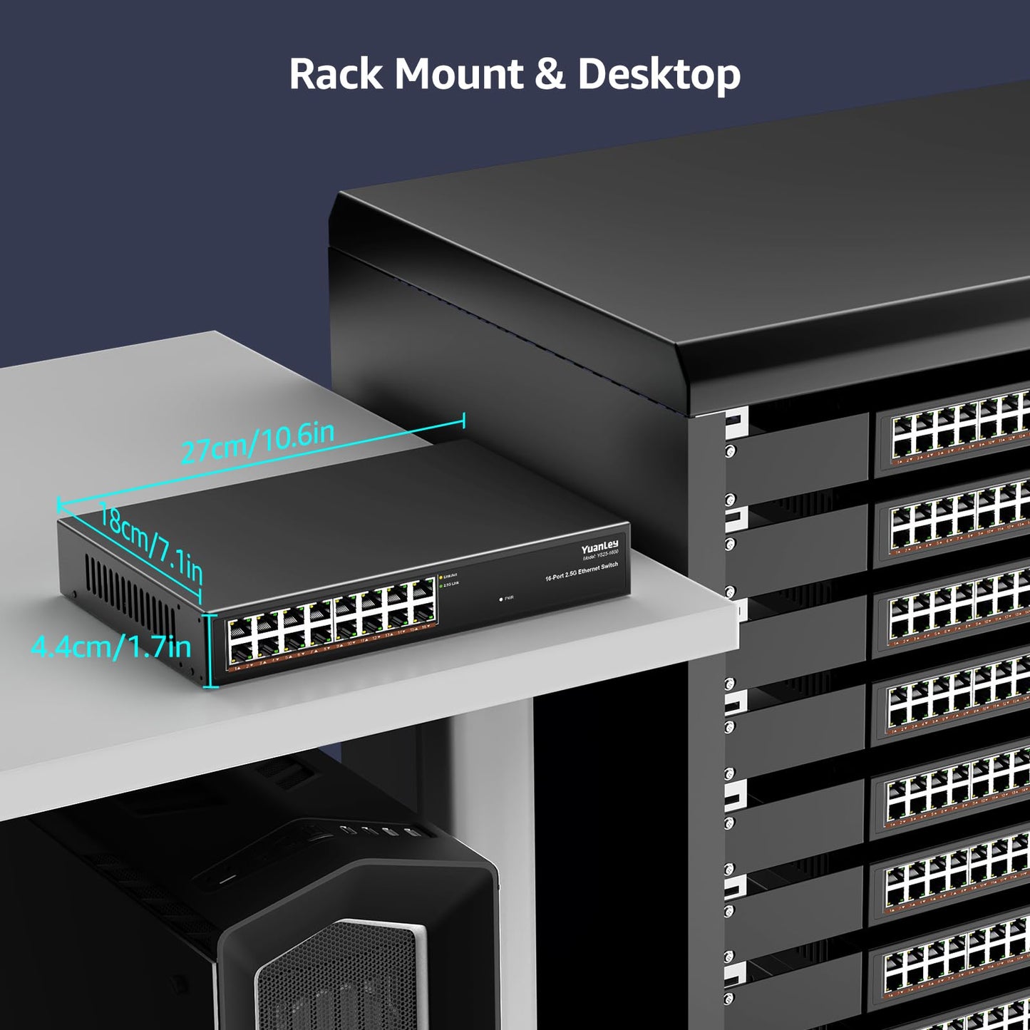 YuanLey 16-Port 2.5Gb Unmanaged Ethernet Switch – 16×2.5G Base-T, Fanless Metal Case, Desktop/Rack Mount