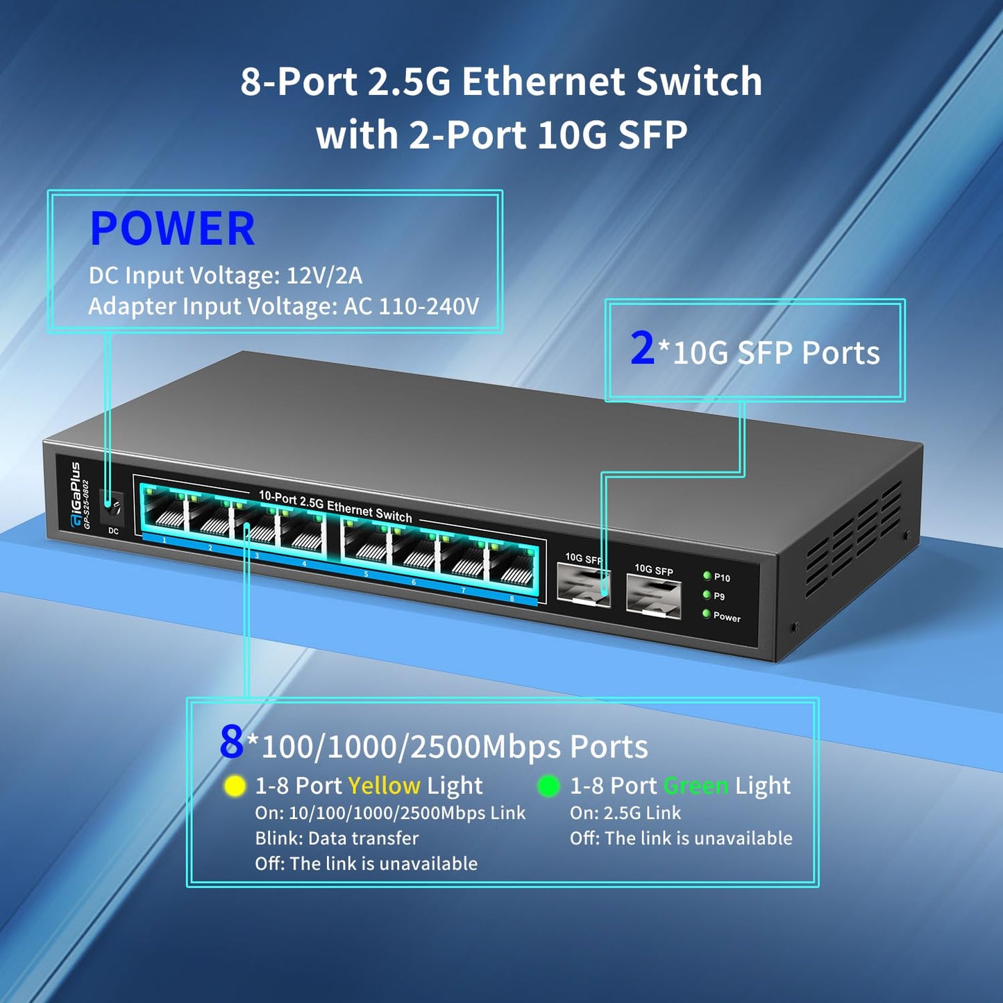 GiGaPlus 10-Port 2.5Gb Ethernet Switch β 8Γ2.5G Base-T, 2Γ10G SFP+, Unmanaged, Fanless, Plug-and-Play