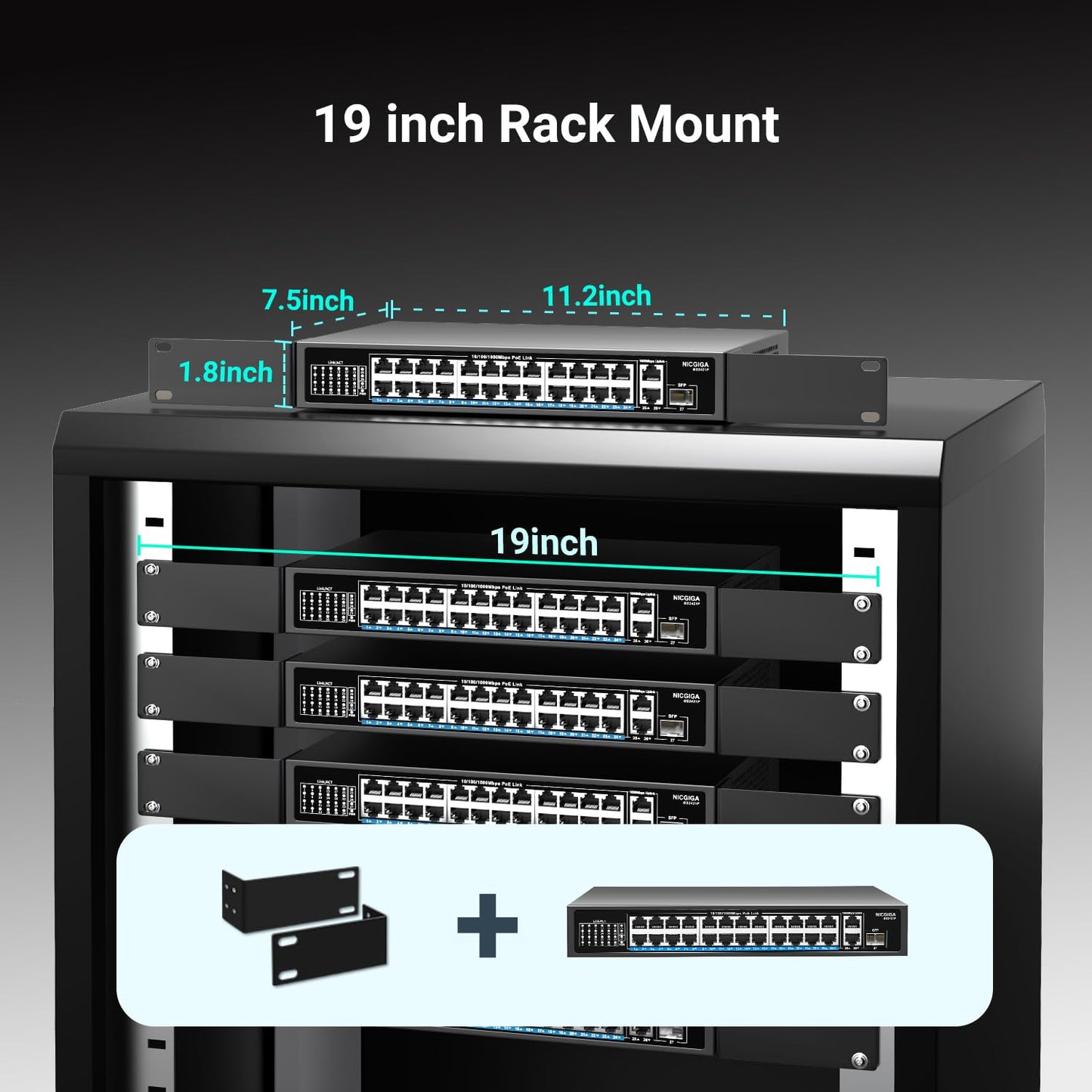 NICGIGA 24-Port Gigabit PoE+ Switch – 24×PoE+@300W, 2×Gigabit Uplink, 1×SFP, Unmanaged, Metal Case