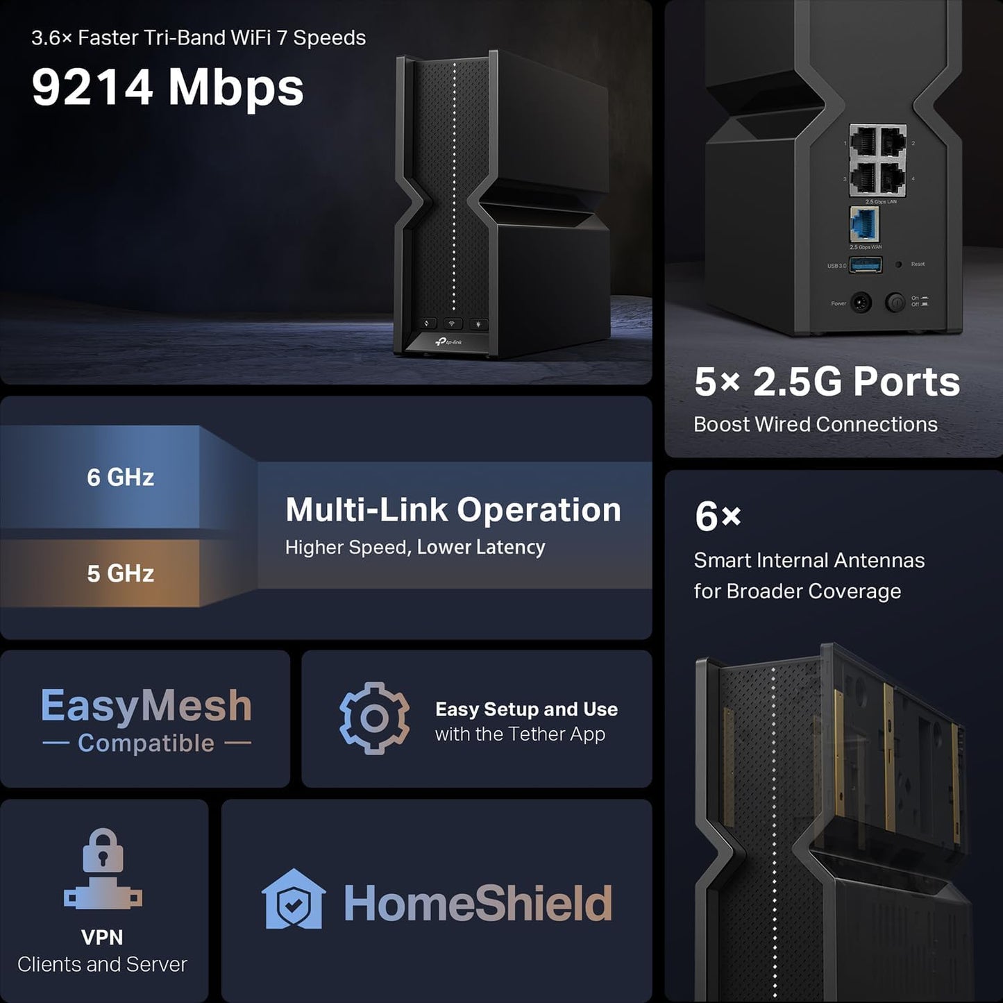 TP-Link Archer BE550 BE9300 Tri-Band WiFi 7 Router – 6-Stream, 2.5G Ports, 6 Antennas