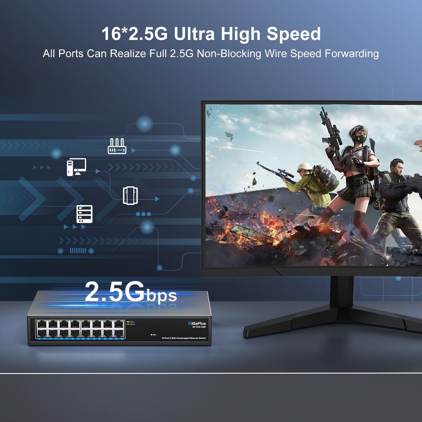 GiGaPlus 16-Port 2.5Gb Unmanaged Ethernet Switch β 16Γ2.5G Base-T, Fanless, Plug-and-Play
