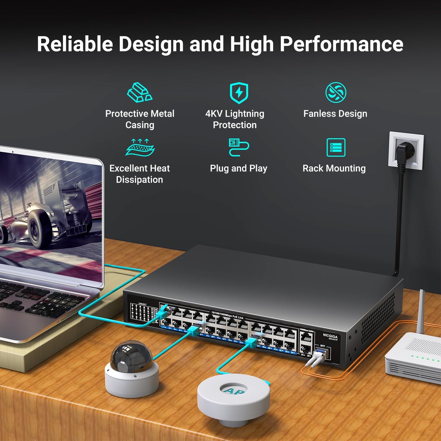 NICGIGA 24-Port Gigabit PoE+ Switch – 24×PoE+@300W, 2×Gigabit Uplink, 1×SFP, Unmanaged, Metal Case