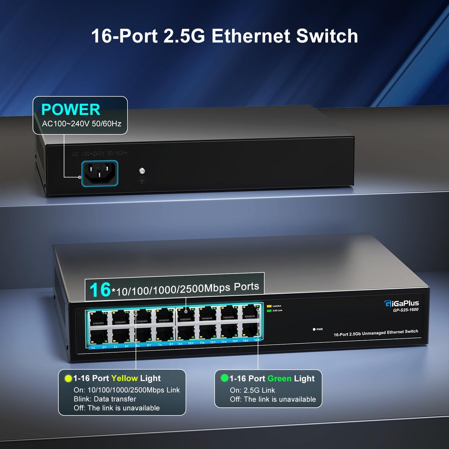 GiGaPlus 16-Port 2.5Gb Unmanaged Ethernet Switch β 16Γ2.5G Base-T, Fanless, Plug-and-Play