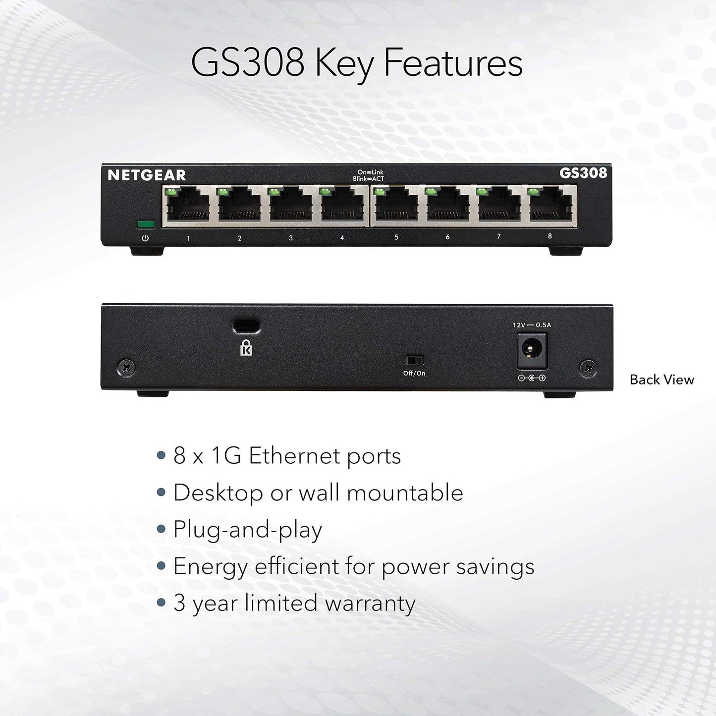 NETGEAR GS308 8-Port Gigabit Ethernet Switch – Unmanaged, Plug-and-Play, Desktop/Wall Mount