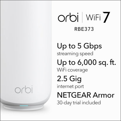 NETGEAR Orbi RBE373 Dual-Band WiFi 7 Mesh System – Router + 2 Extenders, BE5000, Up to 5Gbps, 2.5Gbps Port