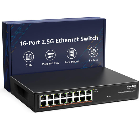 YuanLey 16-Port 2.5Gb Unmanaged Ethernet Switch – 16×2.5G Base-T, Fanless Metal Case, Desktop/Rack Mount