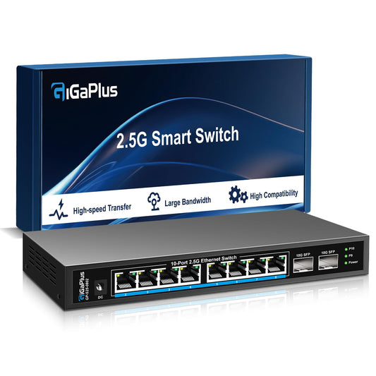GiGaPlus 10-Port 2.5Gb Ethernet Switch – 8×2.5G Base-T, 2×10G SFP+, Unmanaged, Fanless, Plug-and-Play