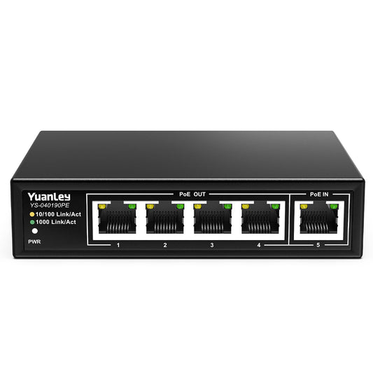 YuanLey 5-Port Gigabit PoE Extender – 4 PoE Out, 90W Input, IEEE 802.3af/at/bt, Metal Case, 6KV Lightning Protection