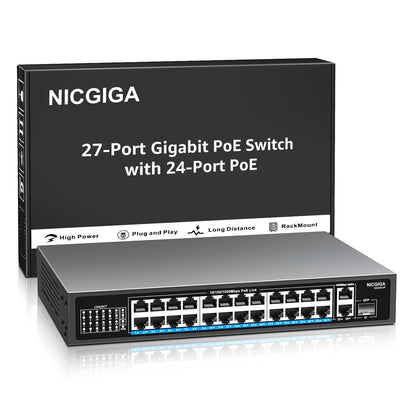 NICGIGA 24-Port Gigabit PoE+ Switch – 24×PoE+@300W, 2×Gigabit Uplink, 1×SFP, Unmanaged, Metal Case