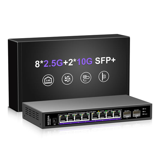 NICGIGA 10-Port 2.5Gb Ethernet Switch – 8×2.5G Base-T, 2×10G SFP+, Unmanaged, Fanless