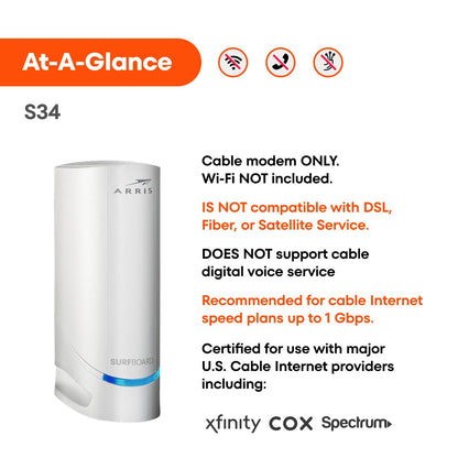 ARRIS S34 DOCSIS 3.1 Cable Modem – Multi-Gigabit, 2.5Gbps, No WiFi