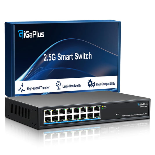 GiGaPlus 16-Port 2.5Gb Unmanaged Ethernet Switch – 16×2.5G Base-T, Fanless, Plug-and-Play