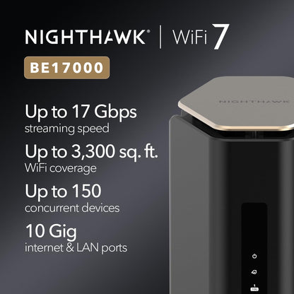NETGEAR Nighthawk BE17000 WiFi 7 Tri-Band Router – 17Gbps, 10Gbps Port, USB 3.0