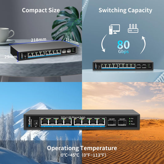 GiGaPlus 10-Port 2.5Gb Ethernet Switch – 8×2.5G Base-T, 2×10G SFP+, Unmanaged, Fanless, Plug-and-Play