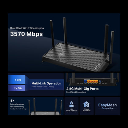 TP-Link Archer BE230 Dual-Band WiFi 7 Router – BE3600, 2×2.5G + 3×1G Ports, USB 3.0