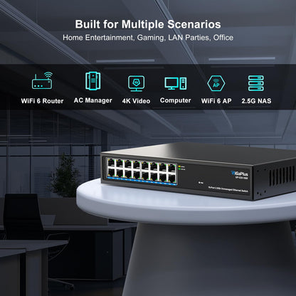 GiGaPlus 16-Port 2.5Gb Unmanaged Ethernet Switch – 16×2.5G Base-T, Fanless, Plug-and-Play