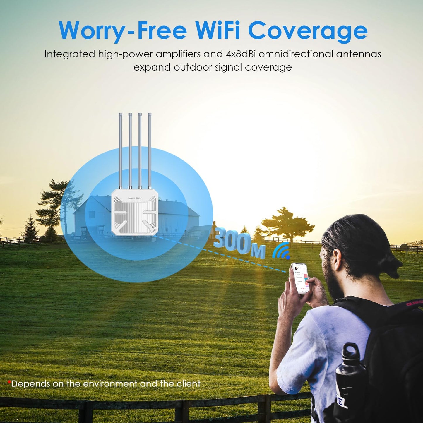 WAVLINK AX3000 Outdoor WiFi 6 Extender – Long Range, Active PoE, IP67, 4×8dBi Antennas