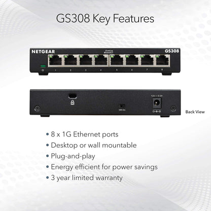 NETGEAR GS308 8-Port Gigabit Ethernet Switch – Unmanaged, Plug-and-Play, Desktop/Wall Mount